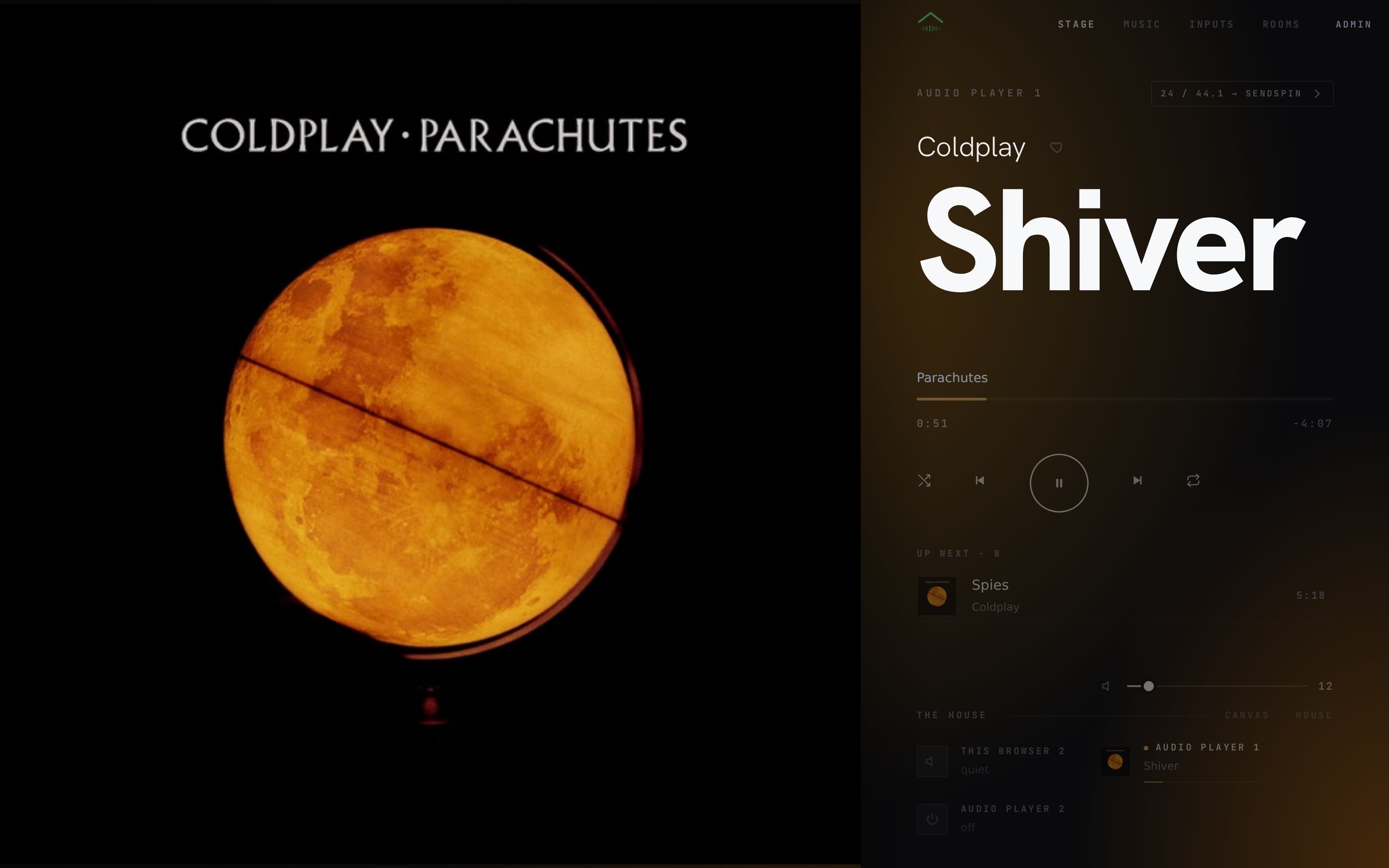 The sonn web player on a desktop: the album sleeve fills the left page, the right page carries the artist, the title, the timeline, the transport and the other rooms