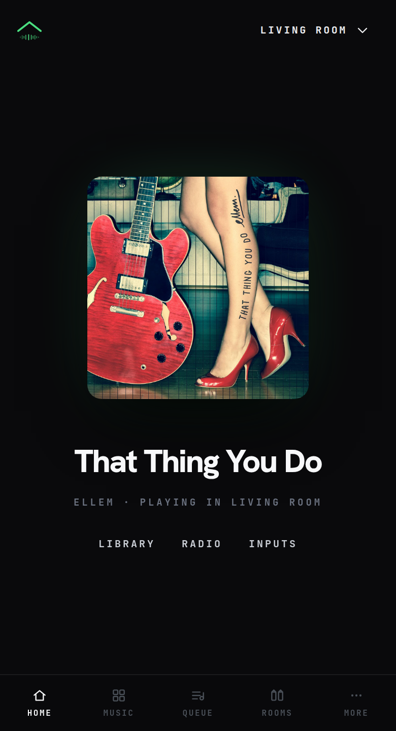 The sonn web player on a phone, playing That Thing You Do by Ellem in the living room