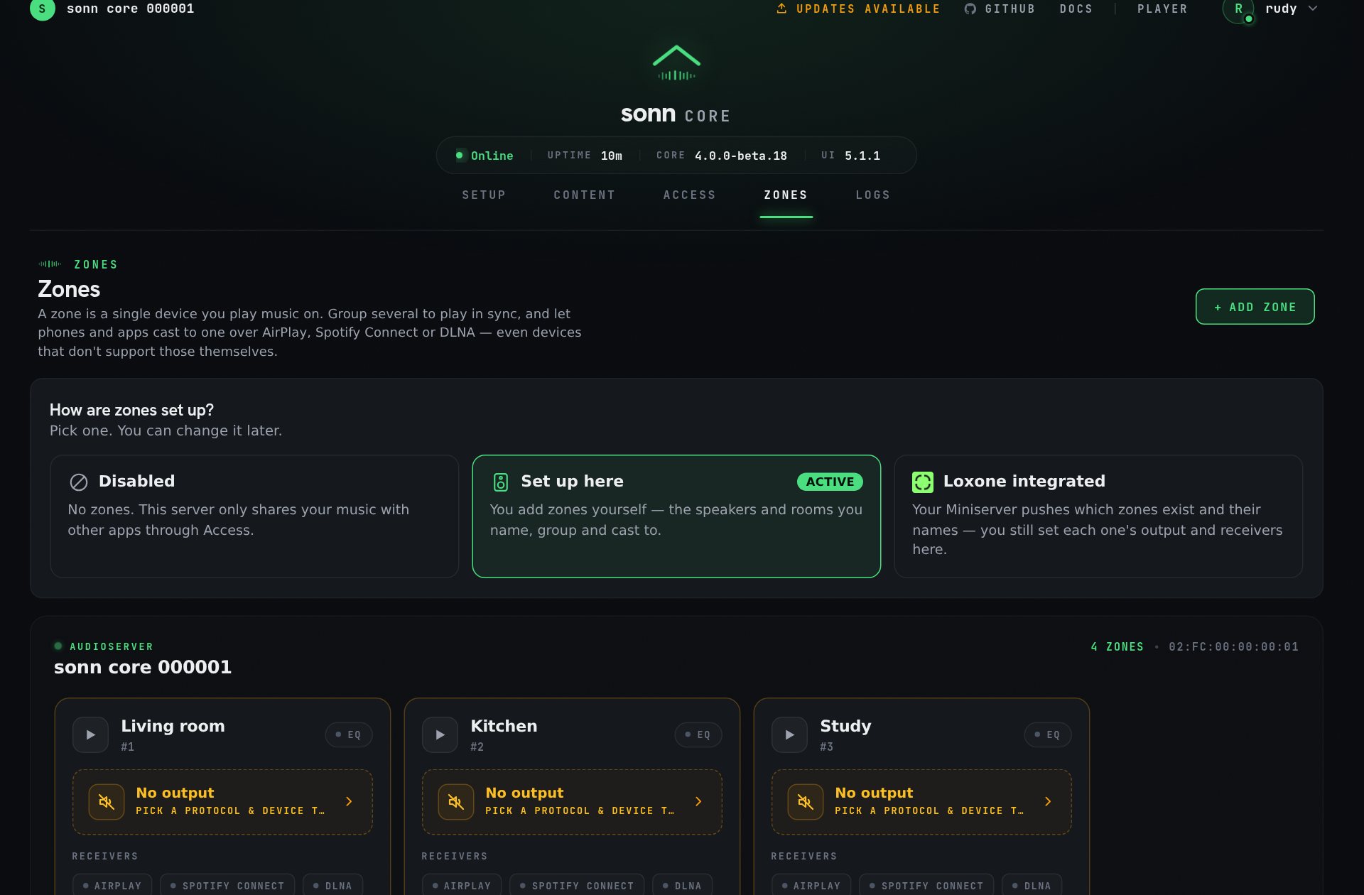 The sonn Admin UI Zones screen: four zones named Living room, Kitchen, Study and Bedroom, each with AirPlay, Spotify Connect and DLNA receiver chips